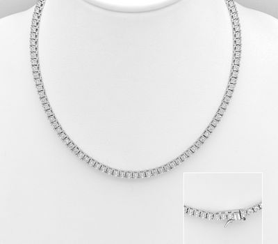 925 Sterling Silver Necklace, Decorated with CZ Simulated Diamonds, 2 mm Wide