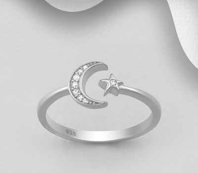 925 Sterling Silver Moon And Star Ring Decorated with CZ Simulated Diamonds