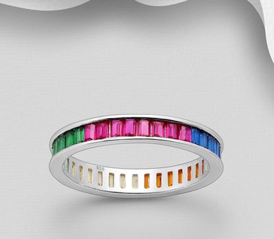 925 Sterling Silver Band Ring, Decorated with Colorful CZ Simulated Diamonds, 3.5 mm Wide, CZ Simulated Diamond Colors may Vary.