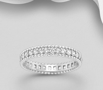 925 Sterling Silver Band Ring, Decorated with CZ Simulated Diamonds, 4 mm Wide.