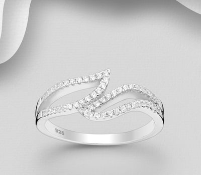 925 Sterling Silver Leaf Ring, Decorated with CZ Simulated Diamonds