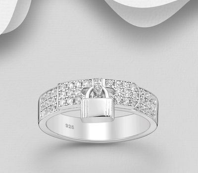 925 Sterling Silver Padlock Ring, Decorated with CZ Simulated Diamonds