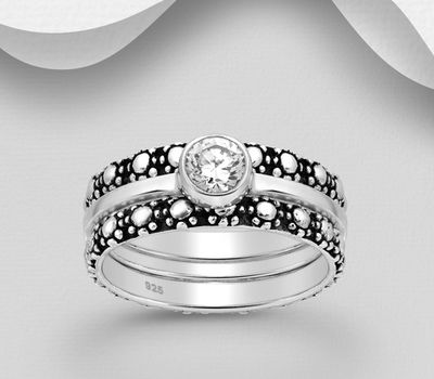Set of 3 Sterling Silver Stack Band Rings Featuring Oxidized Patterns, Decorated with CZ Simulated Diamonds.