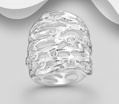 925 Sterling Silver Textured Long Ring, Decorated with CZ Simulated Diamonds