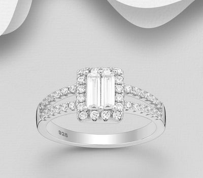 925 Sterling Silver Rectangle Ring, Decorated with CZ Simulated Diamonds