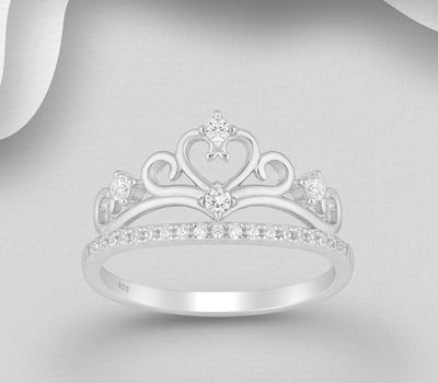 925 Sterling Silver Crown and Heart Ring, Decorated with CZ Simulated Diamonds
