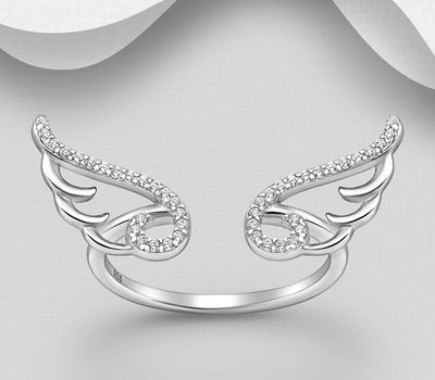 925 Sterling Silver Wings Ring, Decorated with CZ Simulated Diamonds