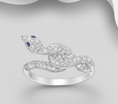 925 Sterling Silver Snake Ring, Decorated with CZ Simulated Diamonds
