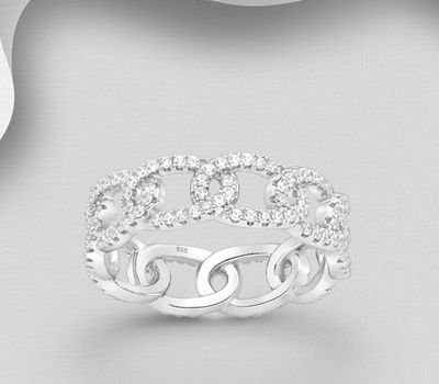 925 Sterling Silver Links Band Ring, Decorated with CZ Simulated Diamonds, 6 mm Wide.