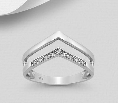 925 Sterling Silver Oxidized Layered Chevron Ring Decorated with CZ Simulated Diamonds