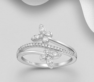 925 Sterling Silver Butterfly Ring, Decorated with CZ Simulated Diamonds