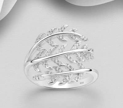 925 Sterling Silver Leaf Ring, Decorated with CZ Simulated Diamonds
