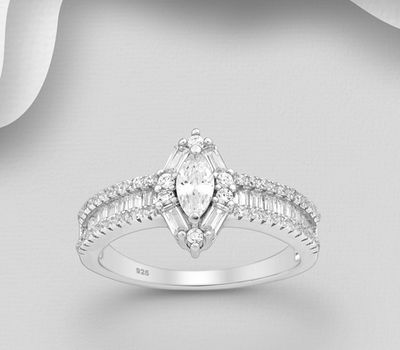 925 Sterling Silver Marquise Ring, Decorated with CZ Simulated Diamonds