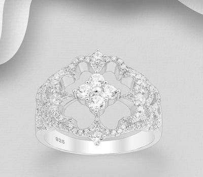 925 Sterling Silver Flower Ring, Decorated with CZ Simulated Diamonds