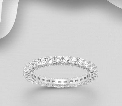 925 Sterling Silver Band Ring, Decorated with CZ Simulated Diamonds, 2.5 mm Wide.
