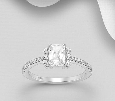 925 Sterling Silver Ring, Decorated with Emerald-Cut CZ Simulated Diamonds
