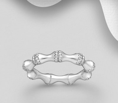 Şəkli böyütmək üçün tiklayın 925 Sterling Silver Bamboo Band Ring, Decorated with CZ Simulated Diamonds, 4 mm Wide