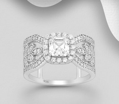 925 Sterling Silver Ring, Decorated with CZ Simulated Diamonds