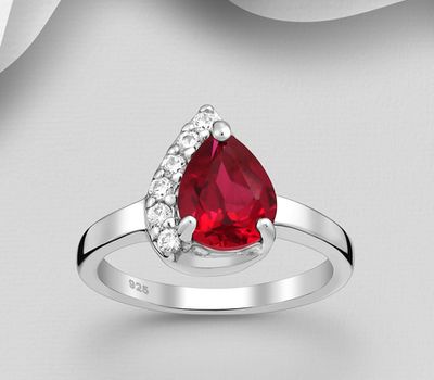 925 Sterling Silver Droplet Ring, Decorated with CZ Simulated Diamonds and Lab-Created Ruby