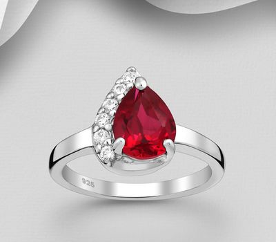 Şəkli böyütmək üçün tiklayın 925 Sterling Silver Droplet Ring, Decorated with CZ Simulated Diamonds and Lab-Created Ruby