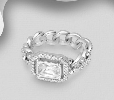 925 Sterling Silver Chain Links Ring Decorated with CZ Simulated Diamonds