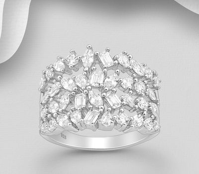 925 Sterling Silver Ring, Decorated with CZ Simulated Diamonds