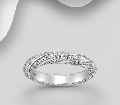 Şəkli böyütmək üçün tiklayın 925 Sterling Silver Band Ring, Decorated with CZ Simulated Diamonds, 3.5 mm Wide.