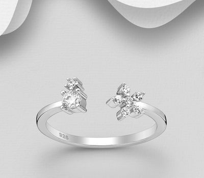 925 Sterling Silver Adjustable Flower Ring, Decorated with CZ Simulated Diamonds