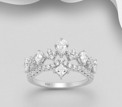 925 Sterling Silver Crown Ring, Decorated with CZ Simulated Diamonds