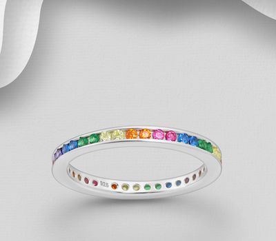 925 Sterling Silver Band Ring, Decorated with Colorful CZ Simulated Diamonds, CZ Simulated Diamond Colors may Vary, 2.5 mm Wide.