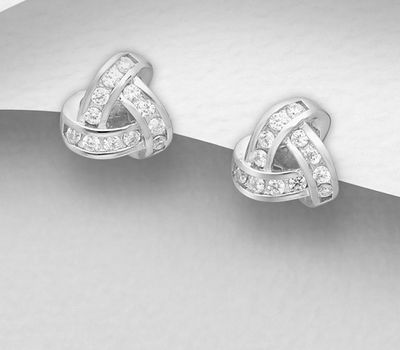 925 Sterling Silver Knot Push-Back Earrings Decorated with CZ Simulated Diamonds