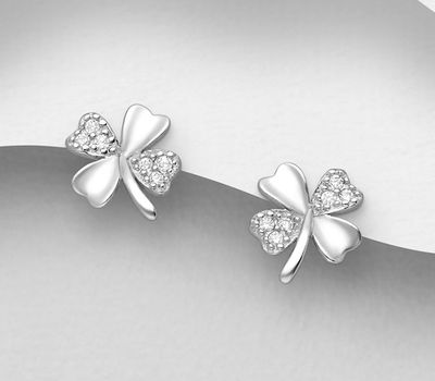 925 Sterling Silver Shamrock Push-Back Earrings, Decorated with CZ Simulated Diamonds