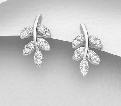 925 Sterling Silver Leaf Push-Back Earrings, Decorated with CZ Simulated Diamonds