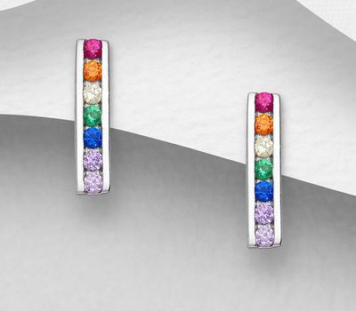 925 Sterling Silver Bar Push-Back Earrings Decorated with CZ Simulated Diamonds, CZ Simulated Diamond Colors may Vary.