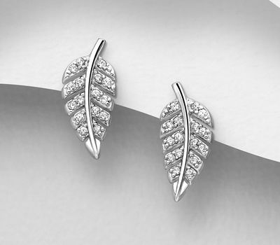 925 Sterling Silver Leaf Push-Back Earrings, Decorated with CZ Simulated Diamonds