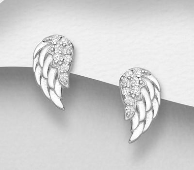 925 Sterling Silver Wings Push-Back Earrings, Decorated with CZ Simulated Diamonds