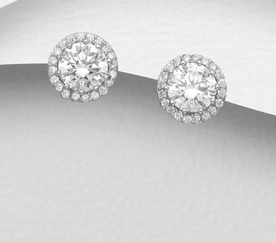 925 Sterling Silver Halo Push-Back Earrings, Decorated with CZ Simulated Diamonds