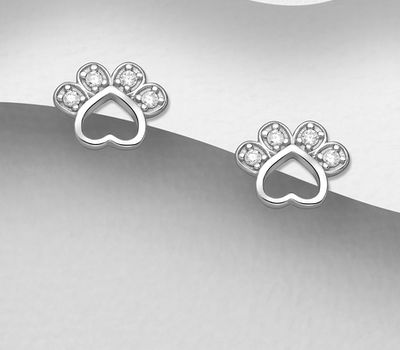 925 Sterling Silver Paw Push-Back Earrings, Decorated with CZ Simulated Diamonds