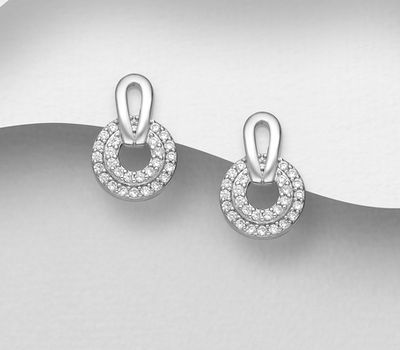 925 Sterling Silver Push-Back Earrings, Decorated with CZ Simulated Diamonds