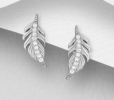 925 Sterling Silver Feather Push-Back Earrings, Decorated with CZ Simulated Diamonds