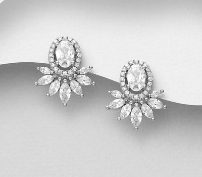 925 Sterling Silver Push-Back Earrings, Decorated with CZ Simulated Diamonds