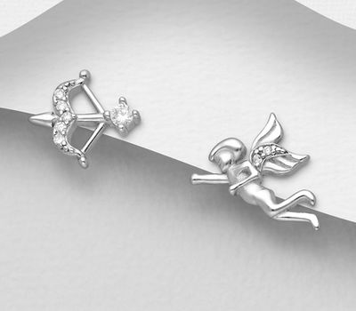 925 Sterling Silver Cupid Push-Back Earrings, Decorated with CZ Simulated Diamonds