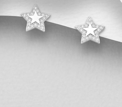 925 Sterling Silver Star Push-Back Earrings Decorated with CZ Simulated Diamonds, Plated with Rhodium