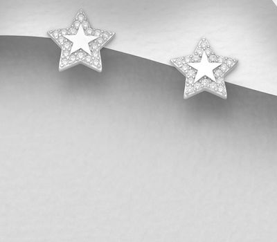 Şəkli böyütmək üçün tiklayın 925 Sterling Silver Star Push-Back Earrings Decorated with CZ Simulated Diamonds, Plated with Rhodium