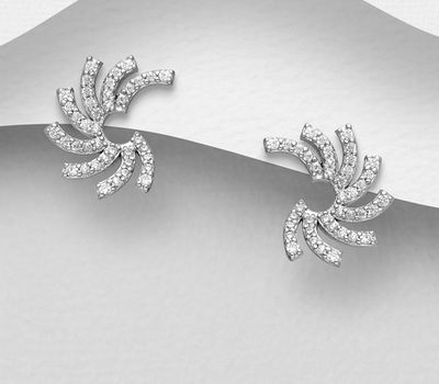 925 Sterling Silver Push-Back Earrings, Decorated with CZ Simulated Diamonds