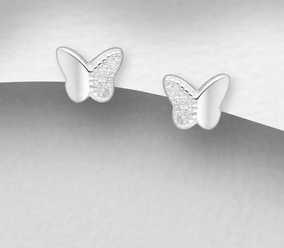 925 Sterling Silver Butterfly Push-Back Earrings, Decorated with CZ Simulated Diamonds