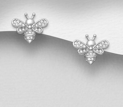 925 Sterling Silver Bee Push-Back Earrings Decorated with CZ Simulated Diamonds