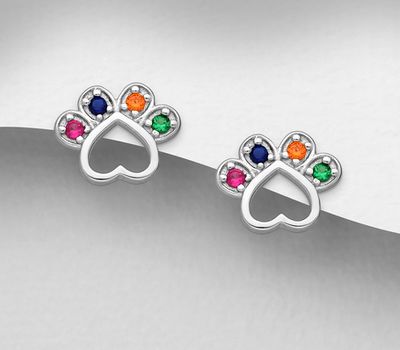 925 Sterling Silver Paw Push-Back Earrings Featuring Heart Design, Decorated with Colorful CZ Simulated Diamonds