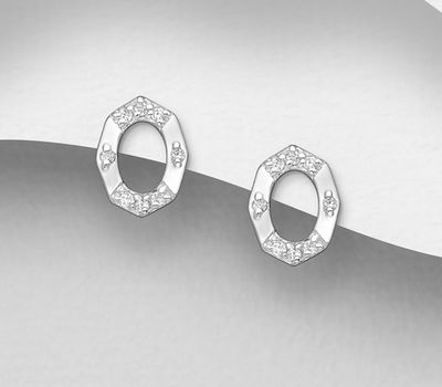 925 Sterling Silver Oval Push-Back Earrings, Decorated with CZ Simulated Diamonds