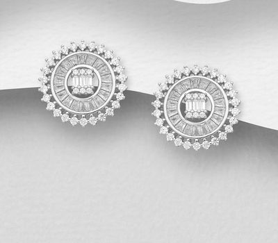 925 Sterling Silver Circle Push-Back Earrings, Decorated with CZ Simulated Diamonds